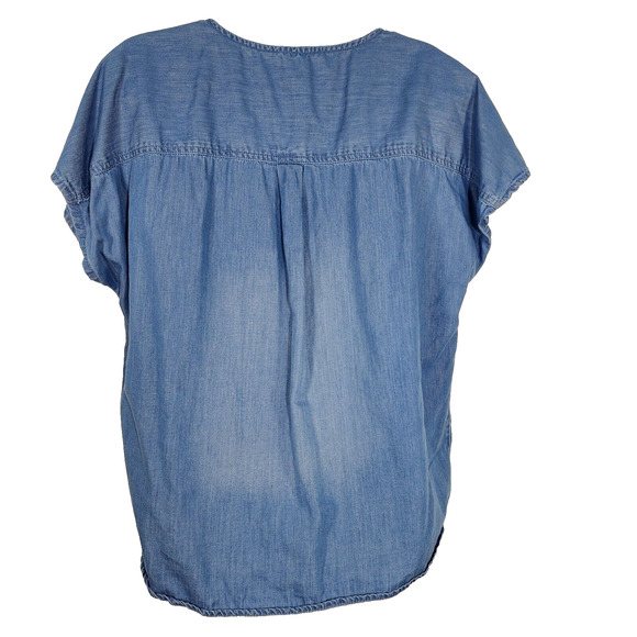 Maurices Top Womens Chambray Large Blue Button Front V Neck Pockets Short Sleeve - Picture 2 of 10